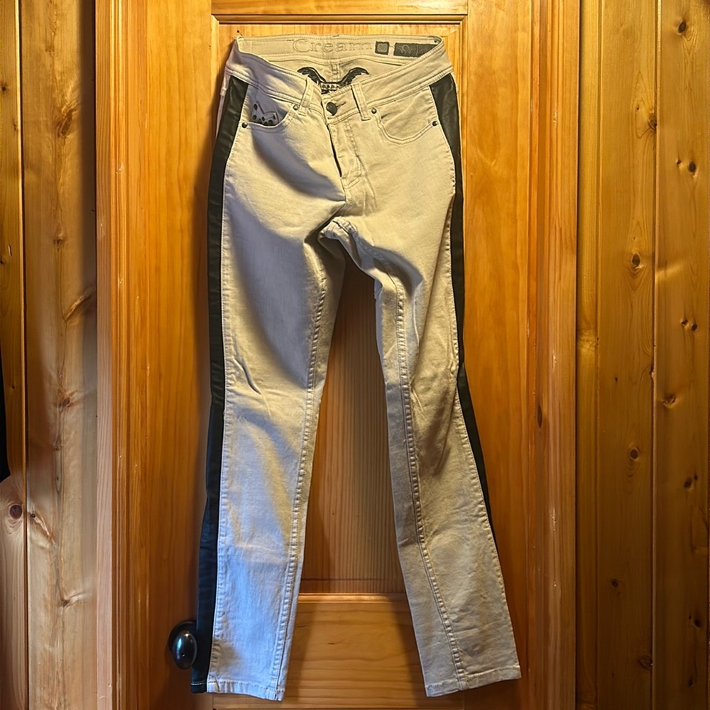 CREAM - Beige Stretchy Jeans - Black Pleather Leg Stripe - Size: 38 EUROPEAN